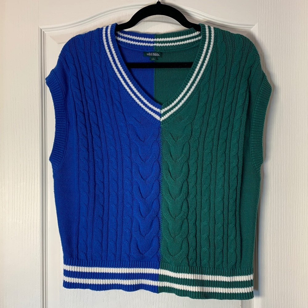 Wild Fable Preppy Cable Knit Vest Blue Green V-Neck Cotton S
